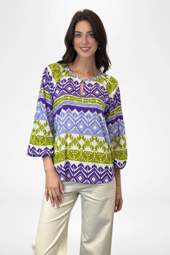 Peasant Blouse Geometric Purple & Lime By Pixi Carnival