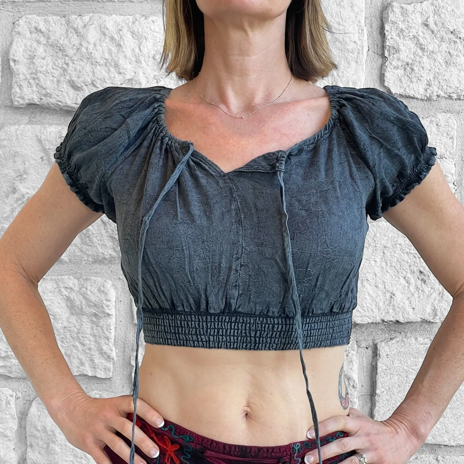 'Peasant Crop Top' - Stone Grey