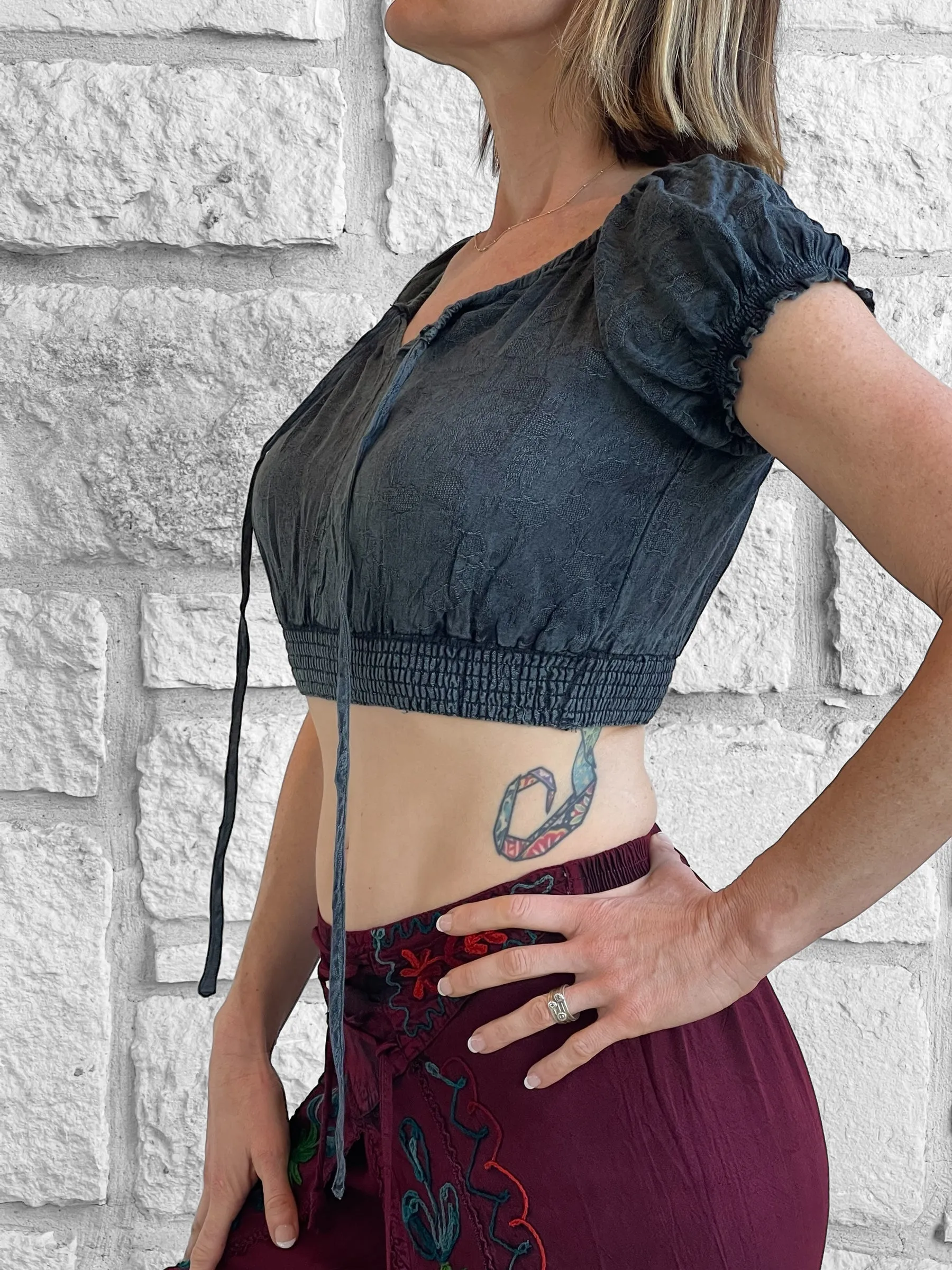 'Peasant Crop Top' - Stone Grey