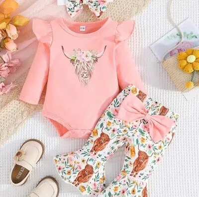 Pink Cattle Little Girl Set W/ Flared Leg