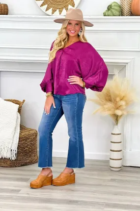 Plum V-Neck Cuff Sleeve Top