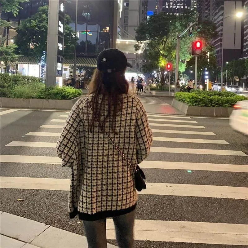 Retro Plaid Oversized Cardigan Sweater for Women