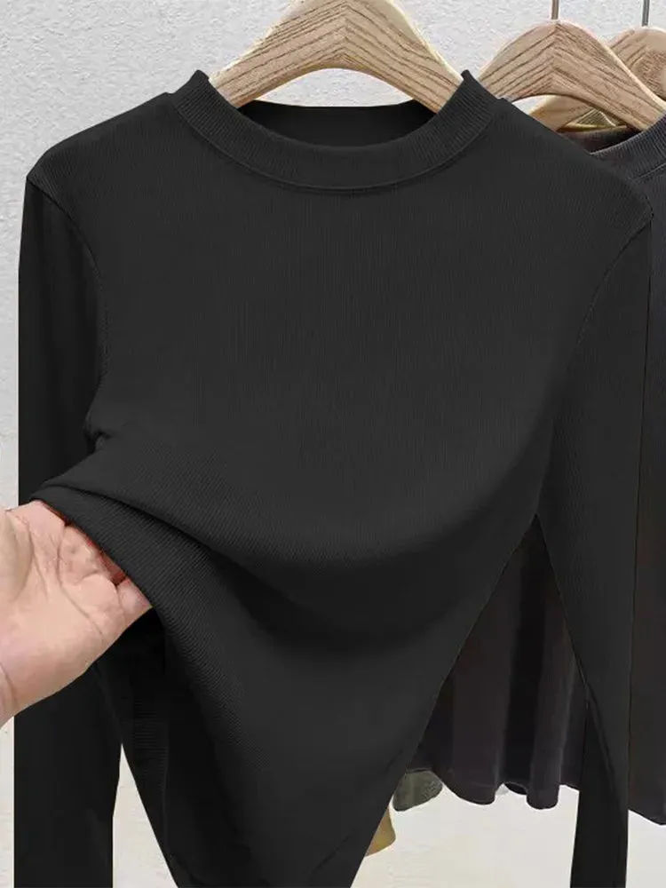 Ribbed Black Casual Slim Long Sleeve Tee