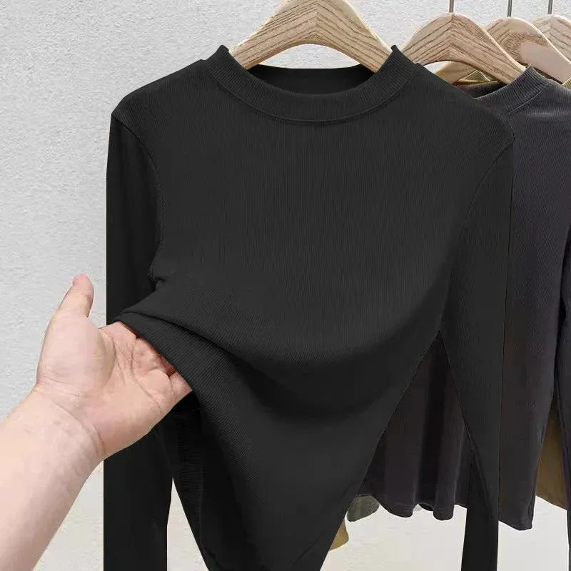 Ribbed Black Casual Slim Long Sleeve Tee