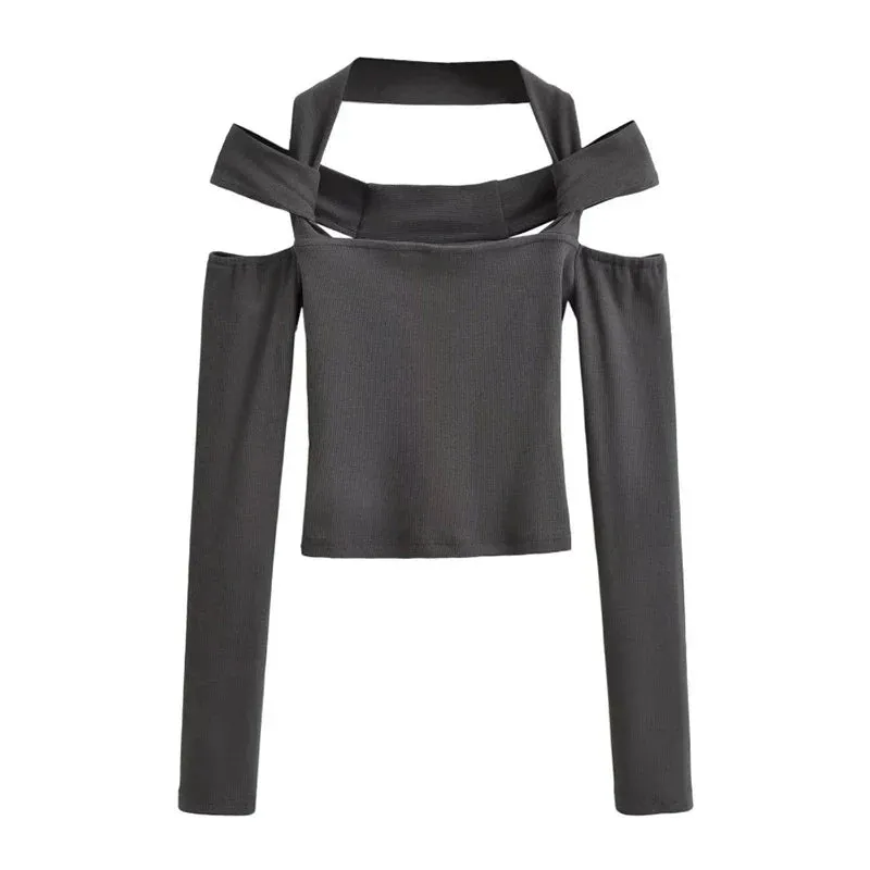 Sexy Cut Out Halter Neck Crop Top Long Sleeve Tee