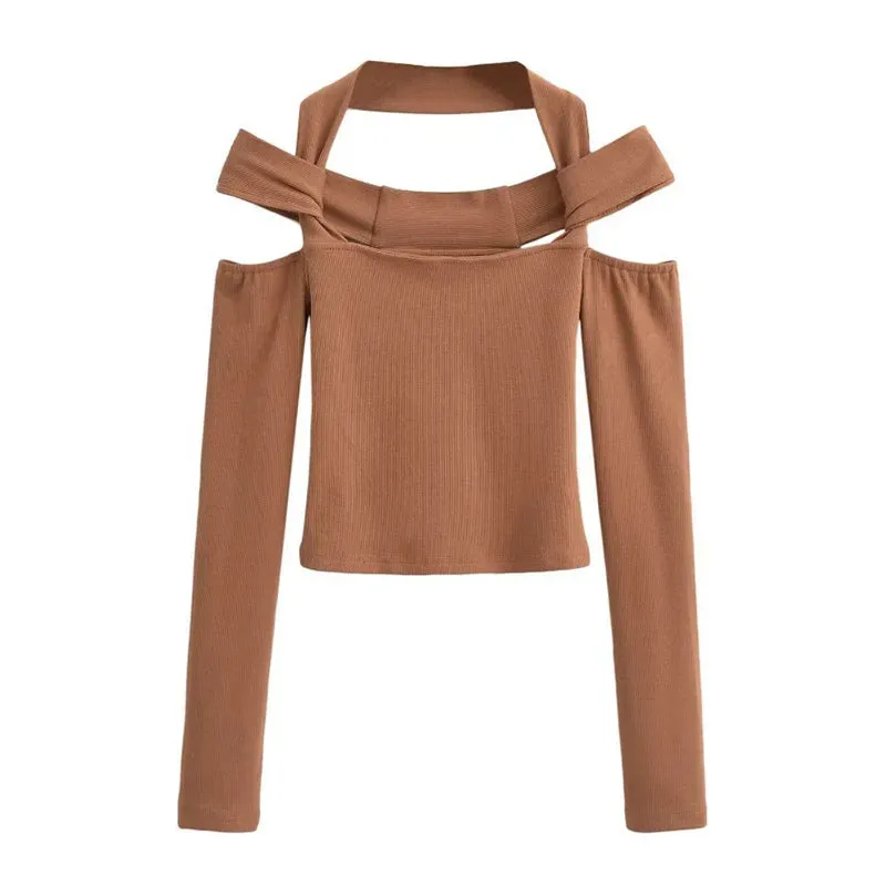 Sexy Cut Out Halter Neck Crop Top Long Sleeve Tee