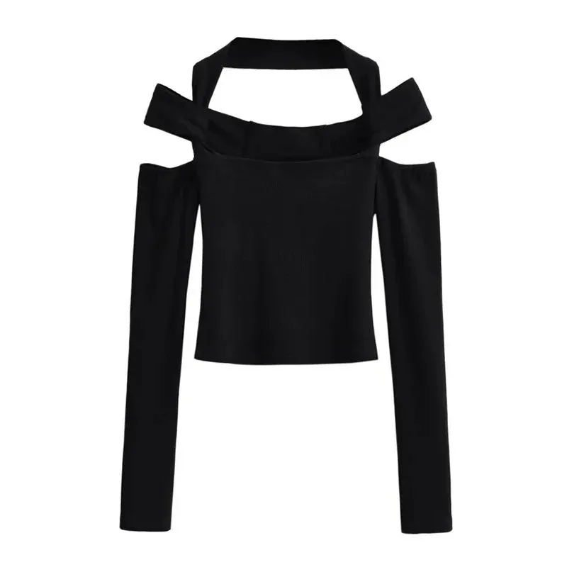 Sexy Cut Out Halter Neck Crop Top Long Sleeve Tee