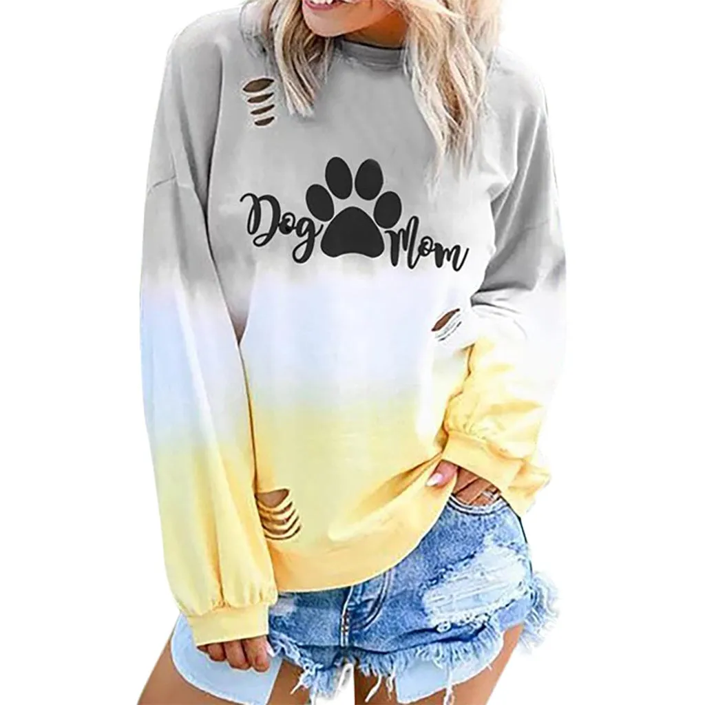 Sweatshirt Womens Dog Mom Print Gradient Long Sleeve O Neck Pullover Hoodies Autumn