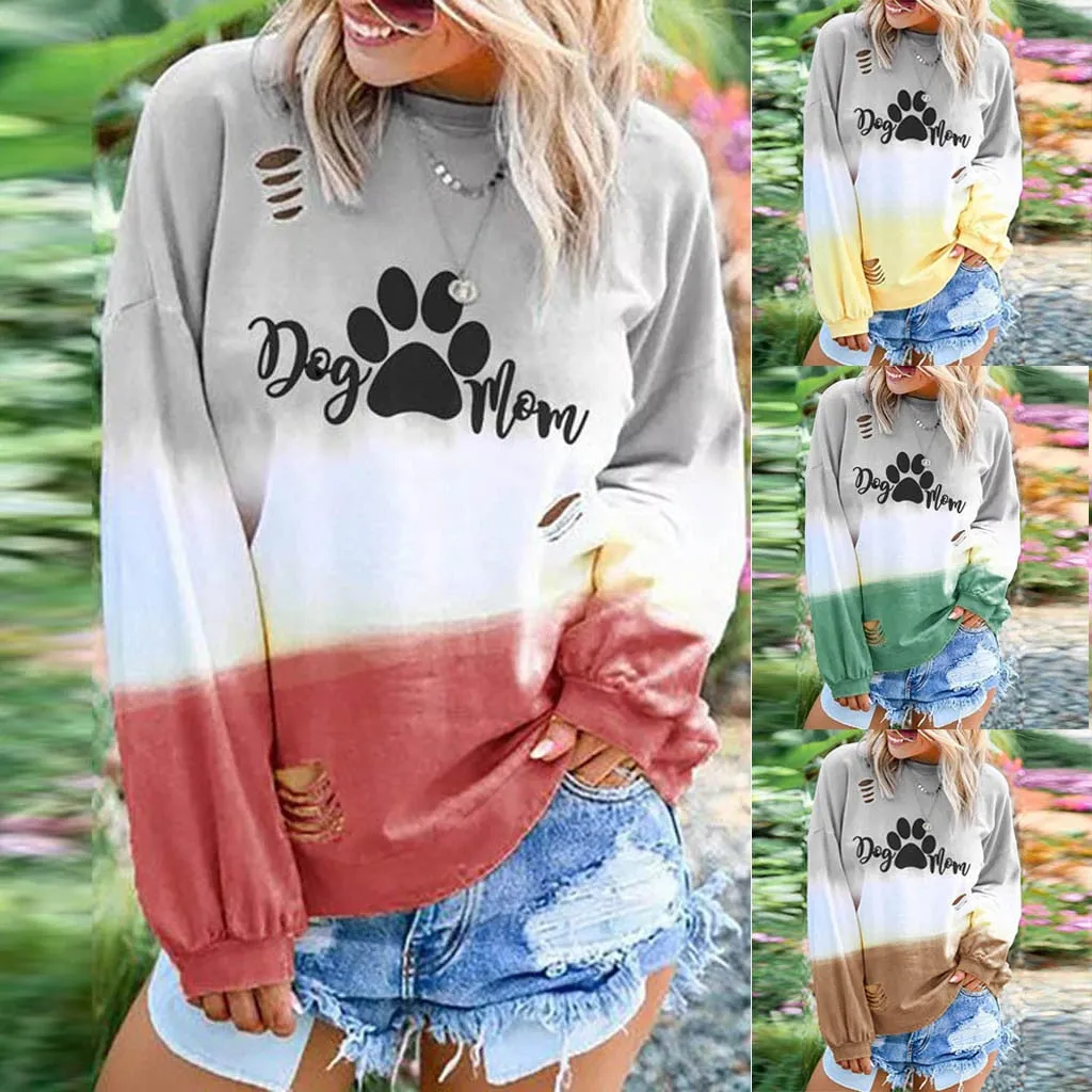 Sweatshirt Womens Dog Mom Print Gradient Long Sleeve O Neck Pullover Hoodies Autumn