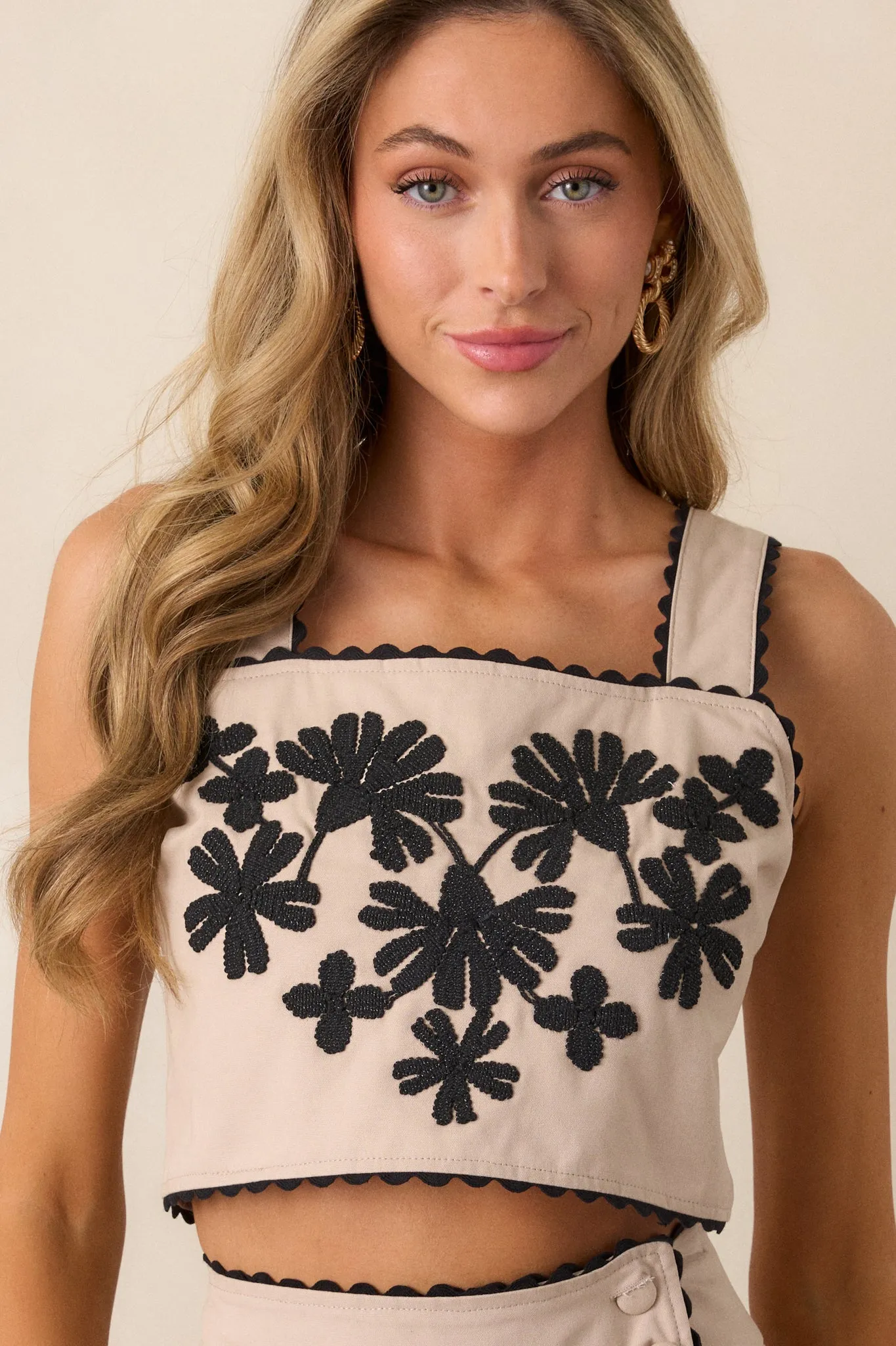 Take Me There Taupe Embroidered Floral Cropped Top