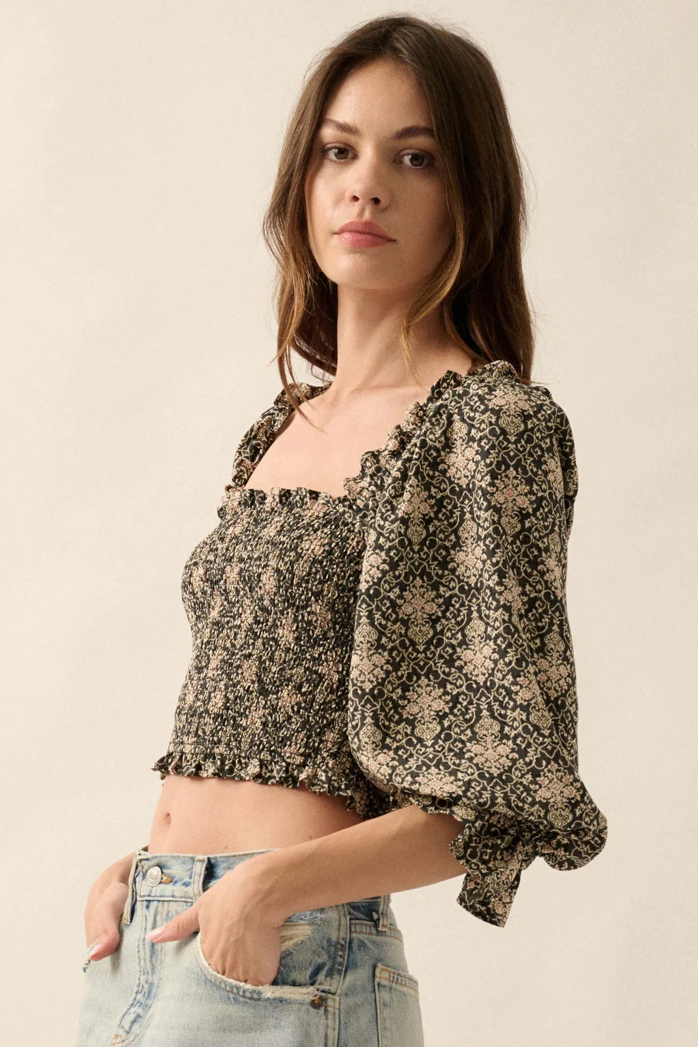 Timeless Beauty Ornate Floral Cropped Peasant Top