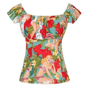 Tropical Pinups Blue Peasant Style Top