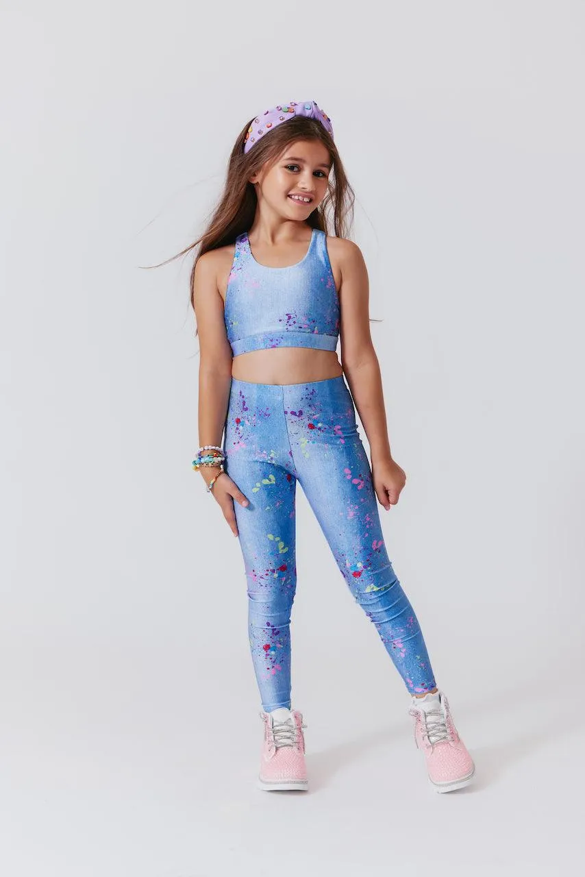 Tween Tops | Hi-Shine Sports Bra Denim Paint Splatter | Terez