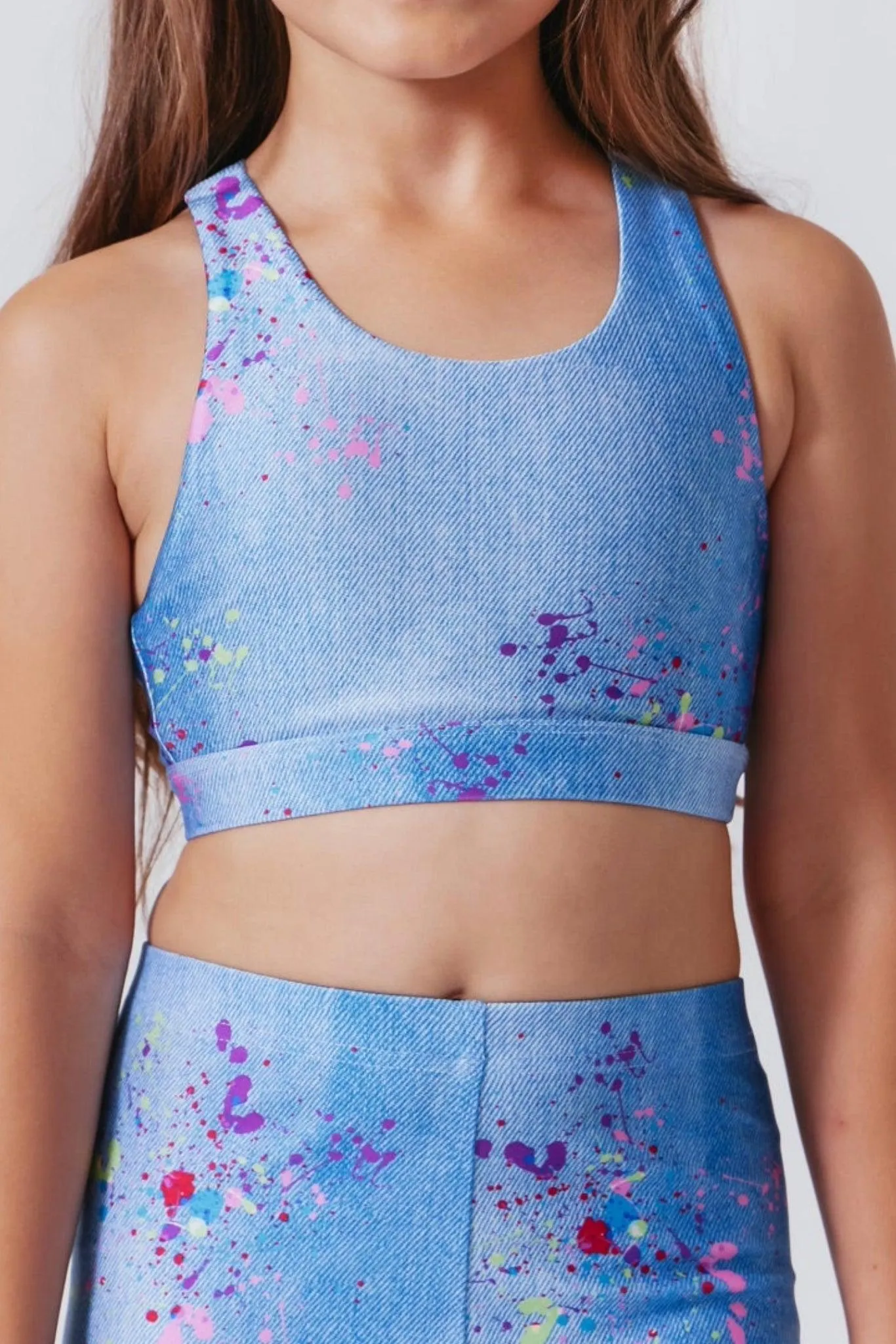 Tween Tops | Hi-Shine Sports Bra Denim Paint Splatter | Terez