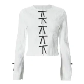 White Rib Knit Cute Crop Tops Bow Hollow Long Sleeve T Shirts Y2k 2000s Trending Tops Women 2024 Fall Clothes P85-CF22