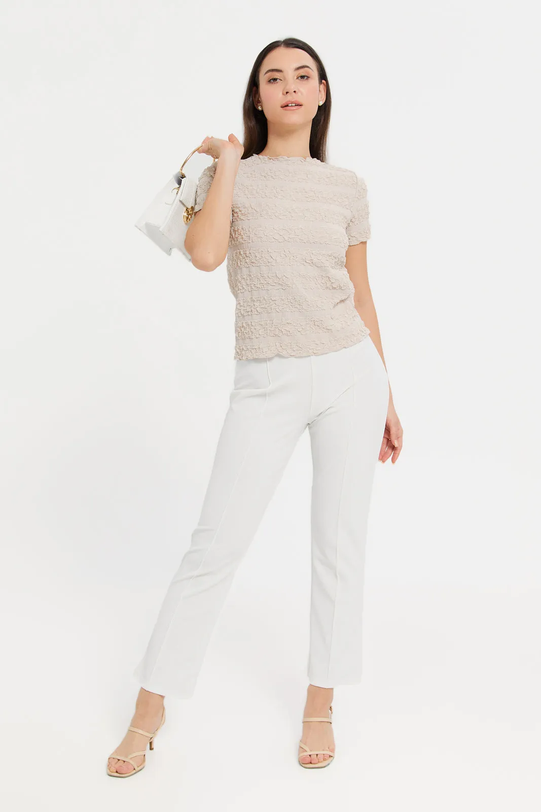 Women Ivory Buckle Flared Trousers