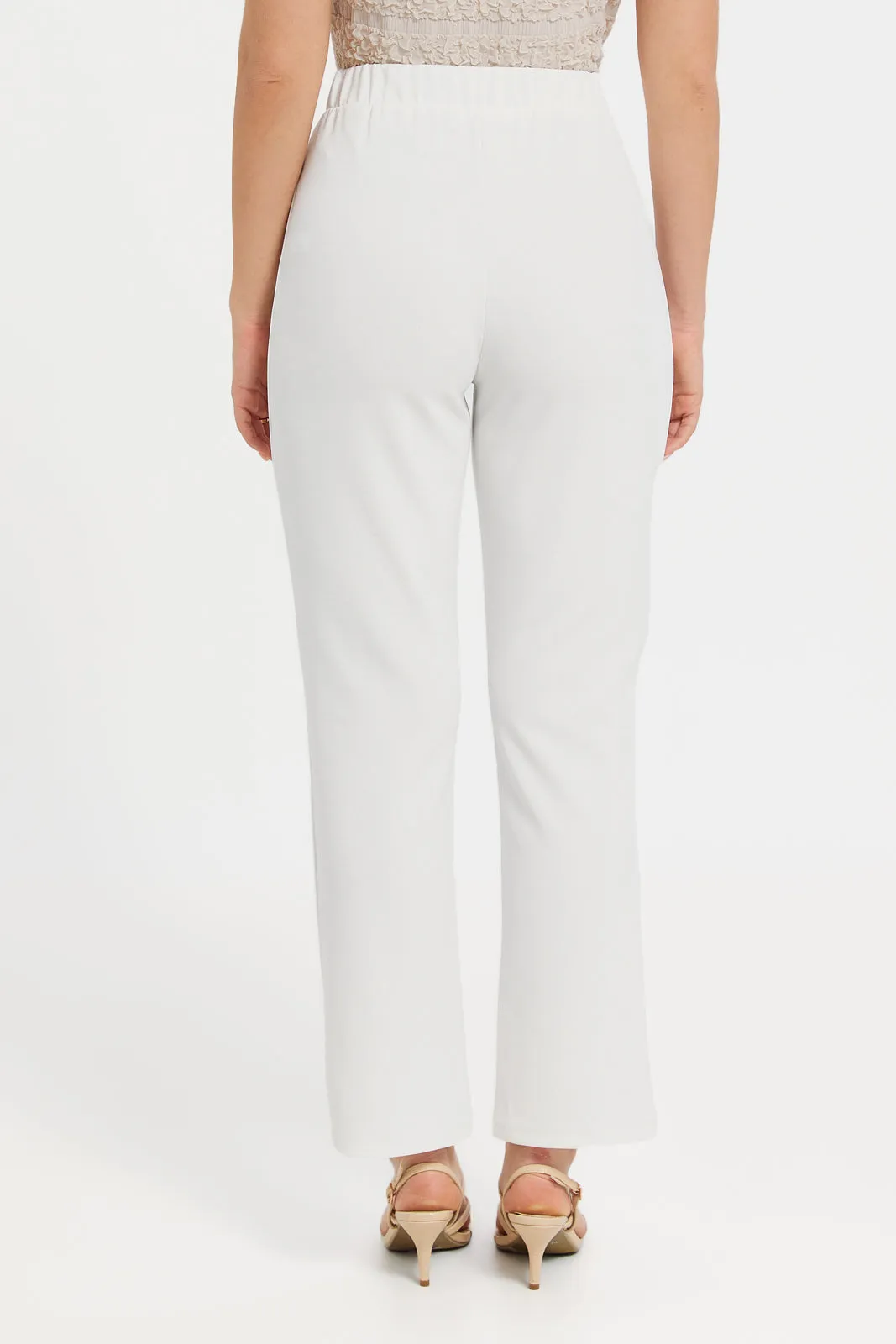 Women Ivory Buckle Flared Trousers