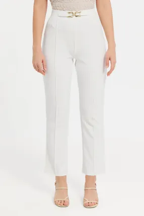 Women Ivory Buckle Flared Trousers