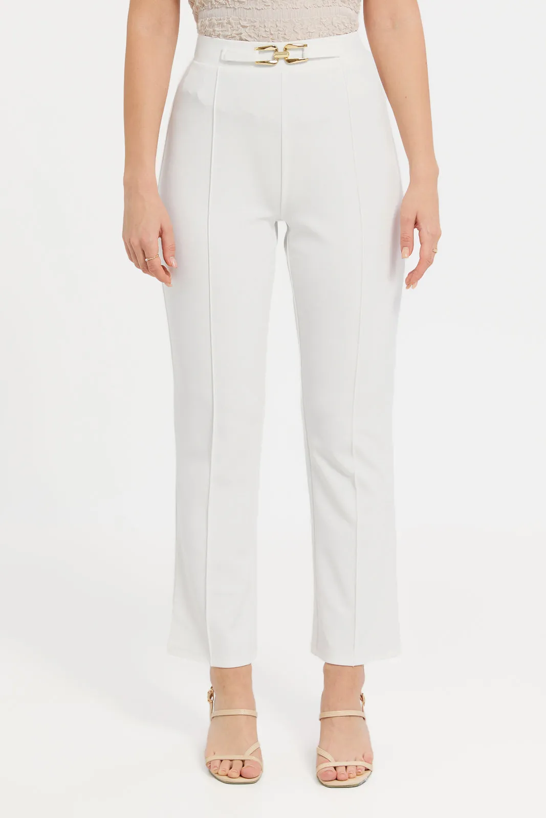 Women Ivory Buckle Flared Trousers