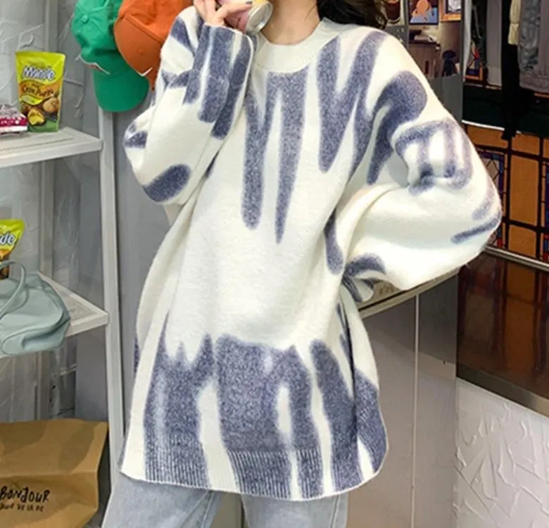 Women Knitted Sweater Vintage Striped Print Sweater Oversized Pullovers