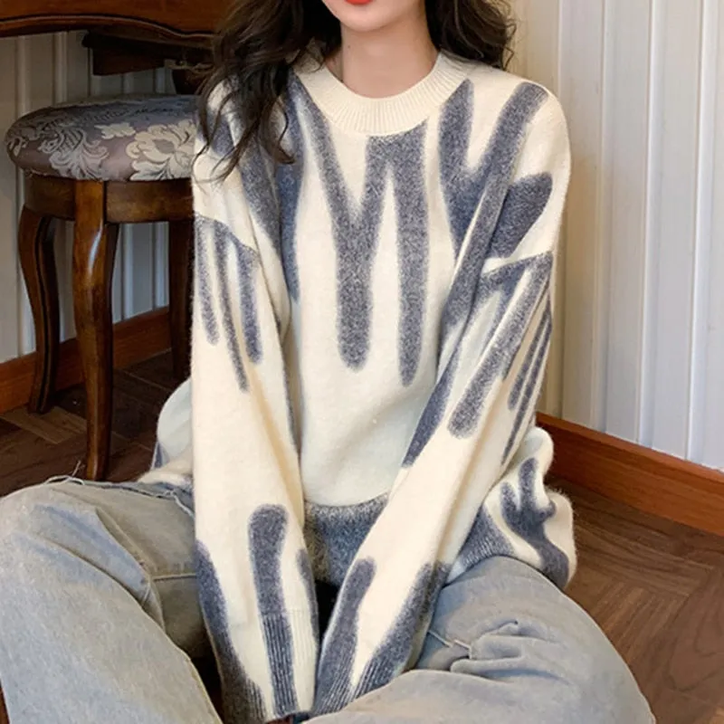 Women Knitted Sweater Vintage Striped Print Sweater Oversized Pullovers