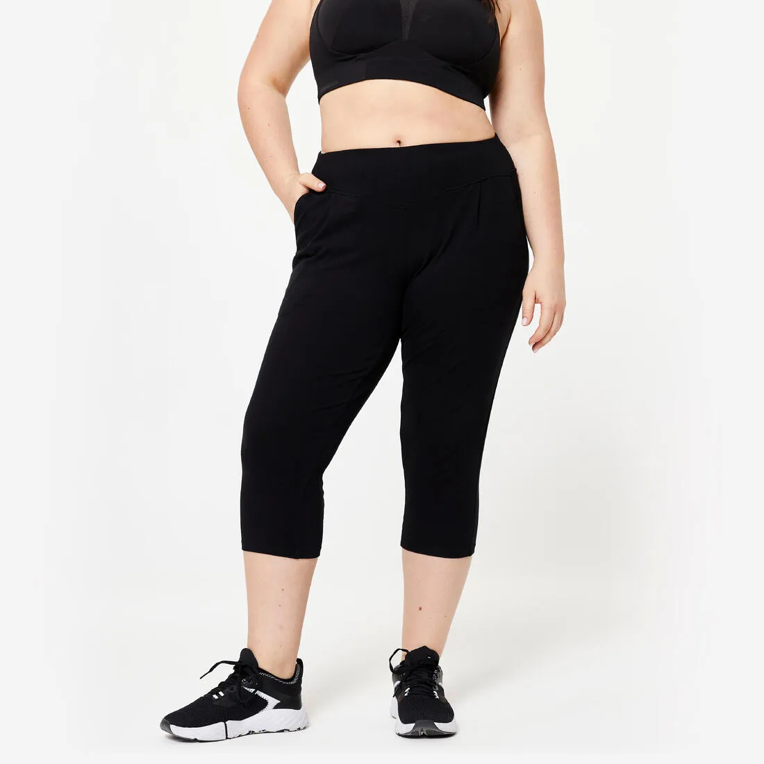 Women's Fitness Cropped Bottoms 500 with Pockets - Black