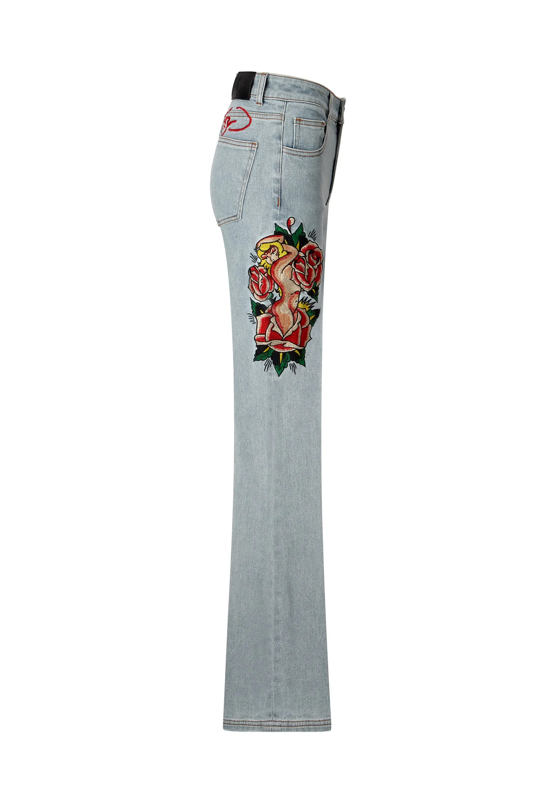 Womens Lady Rose Flared Denim Trousers Jeans - Blue