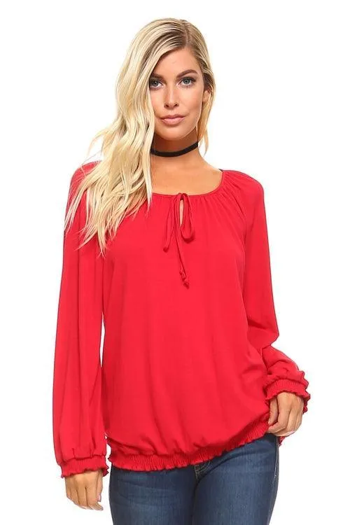 Womens Long Sleeve Solid Peasant Top Black Red