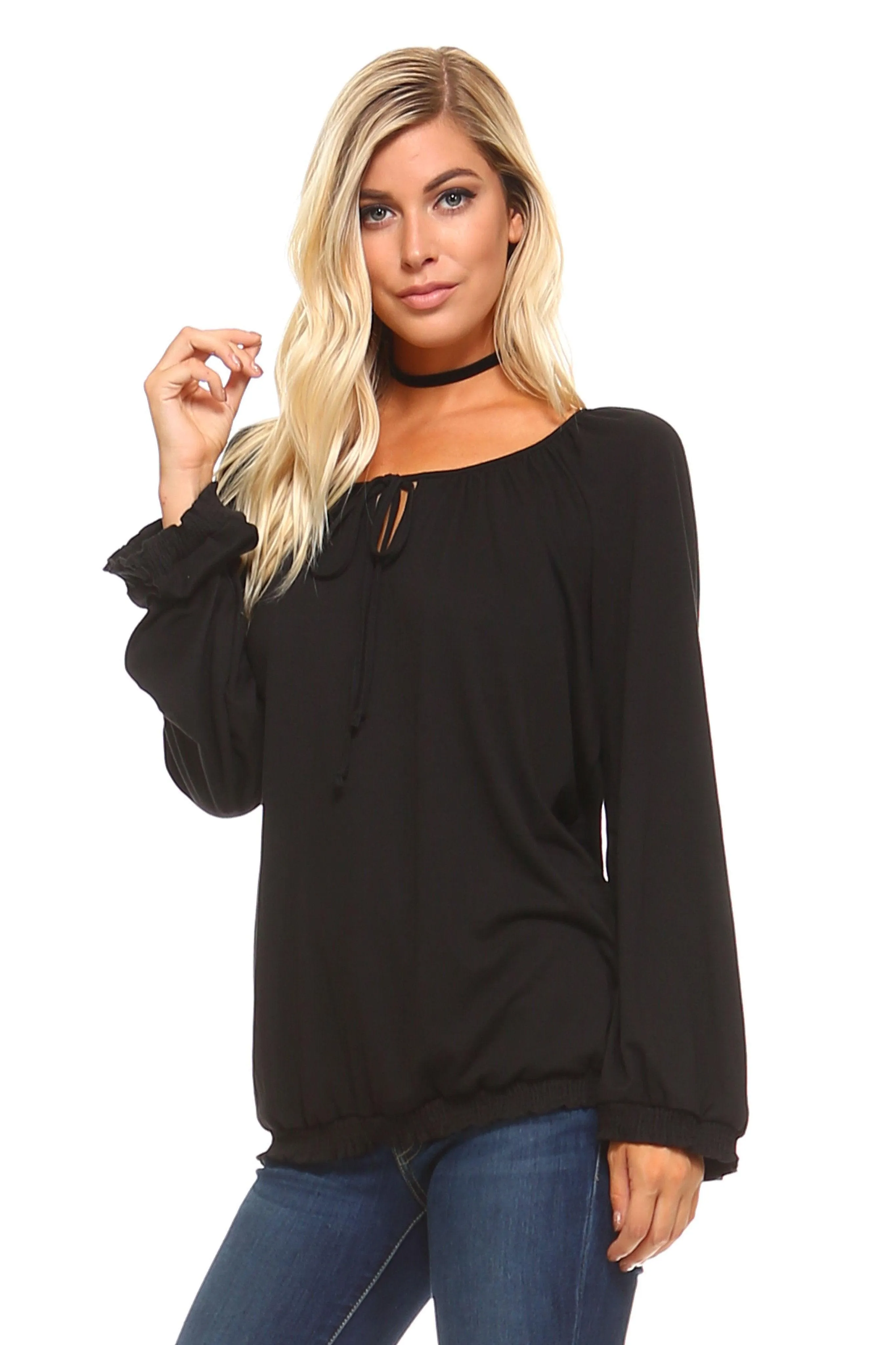 Womens Long Sleeve Solid Peasant Top Black Red