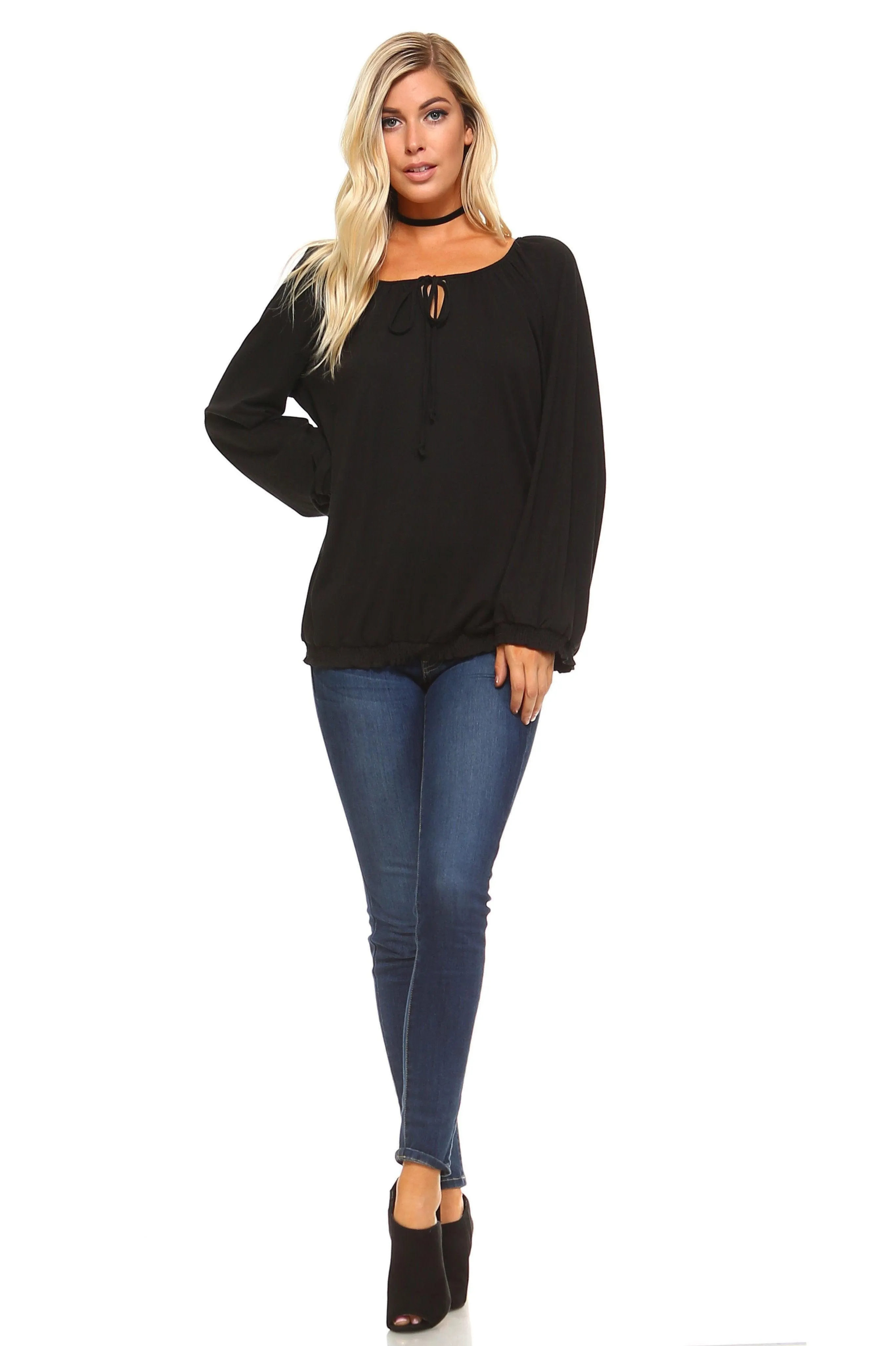 Womens Long Sleeve Solid Peasant Top Black Red