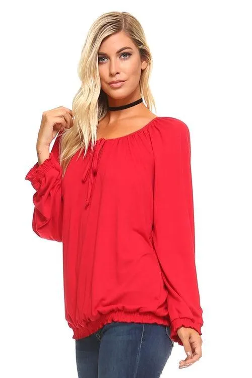 Womens Long Sleeve Solid Peasant Top Black Red