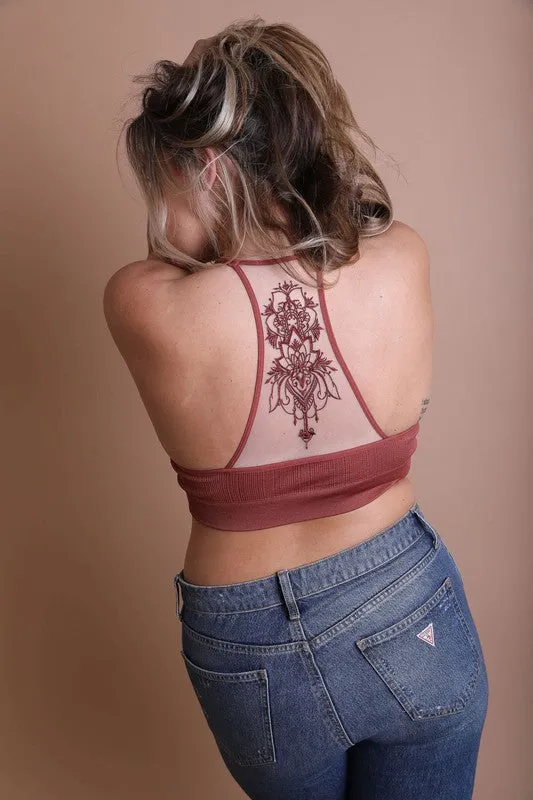 Women's Tattoo Mesh Racerback Bralette with Adjustable Straps