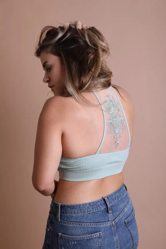 Women's Tattoo Mesh Racerback Bralette with Adjustable Straps