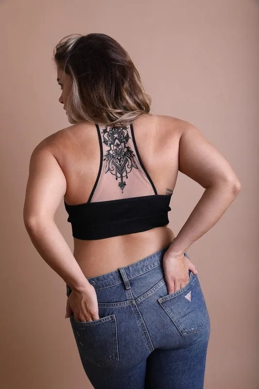 Women's Tattoo Mesh Racerback Bralette with Adjustable Straps